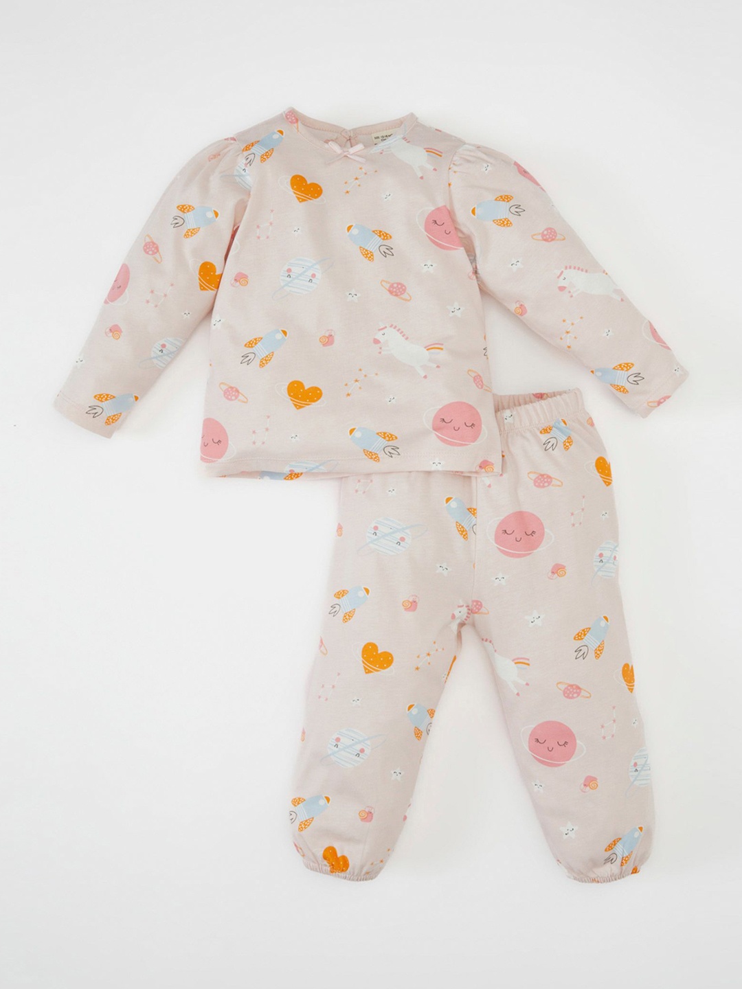 

DeFacto Girls Printed Pure Cotton Night Suit, Pink