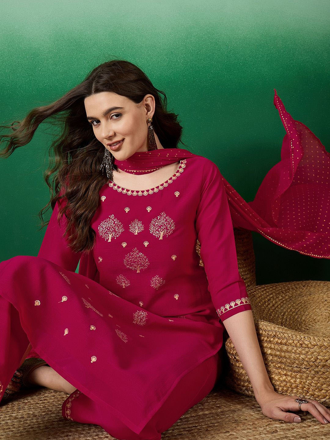 

Sangria Pink Ethnic Motifs Embroidered Zari Straight Kurta With Palazzos & Dupatta