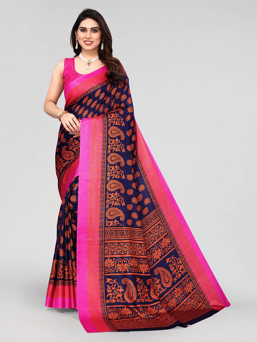 

VIRICA Floral Printed Saree, Navy blue