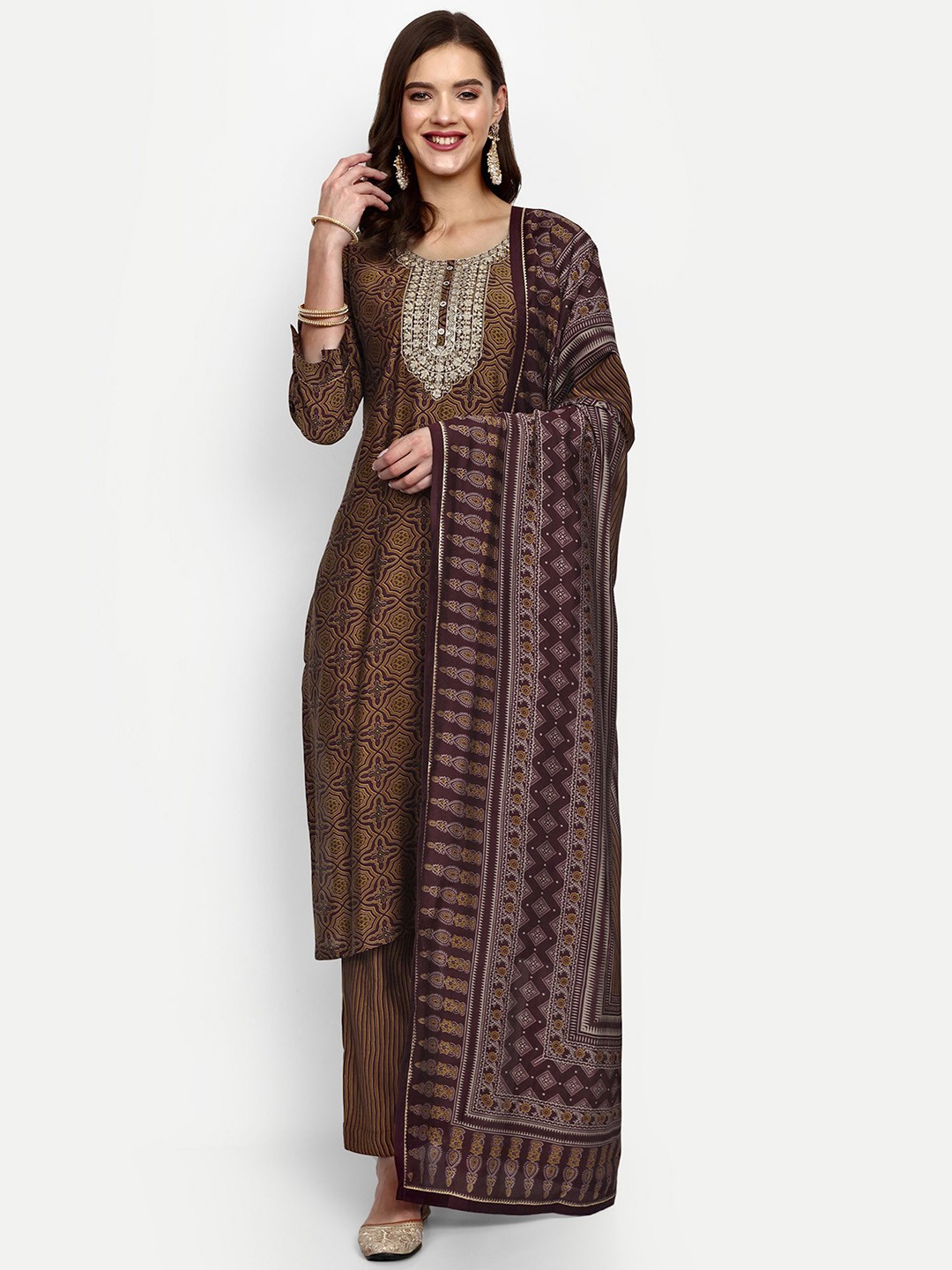 

V B SONS Ethnic Motifs Printed Sequined Chanderi Silk Kurta With Trousers & Dupatta, Mustard