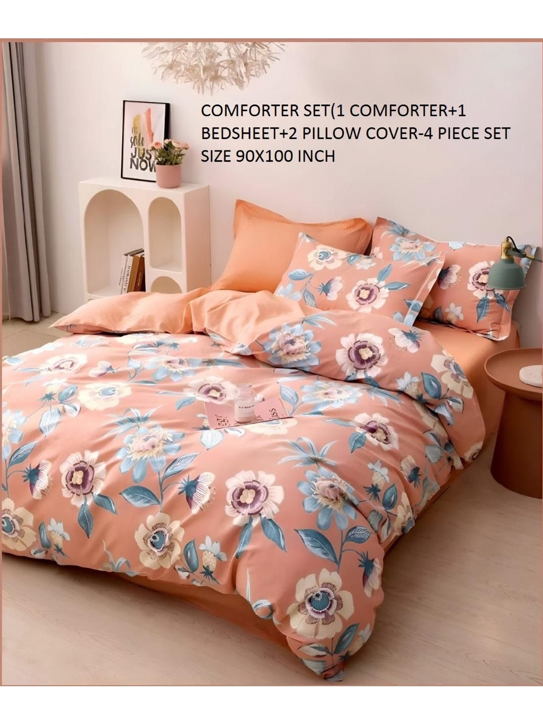 

Laying Style Peach Coloured & Green Floral Printed Double King Regular Bedding Set