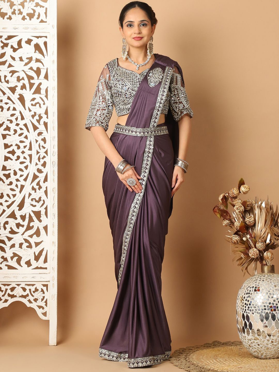 

Mitera Solid Embroidered Ready to Wear Saree, Purple