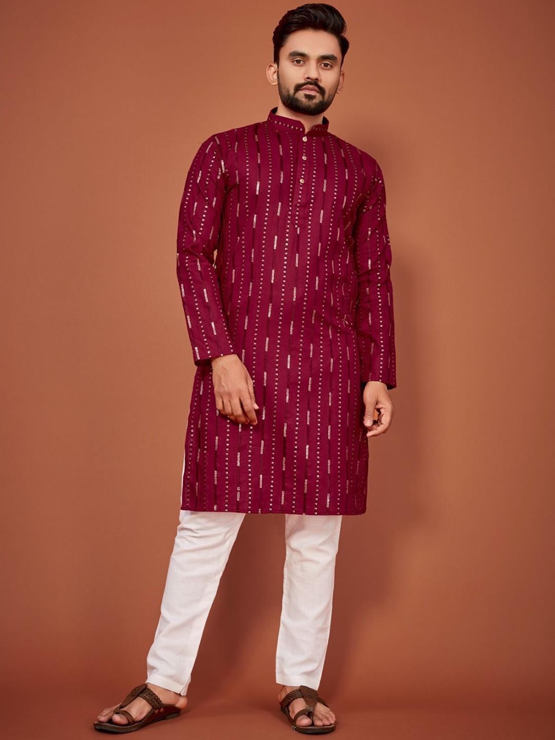 

CHARLOTTE GRACIOUS Embroidered Mandarin Collar Cotton Regular Straight Kurta, Red