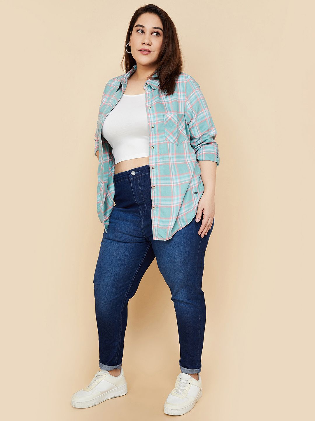 

max Women Plus Size Spread Collar Tartan Checked Casual Shirt, Green