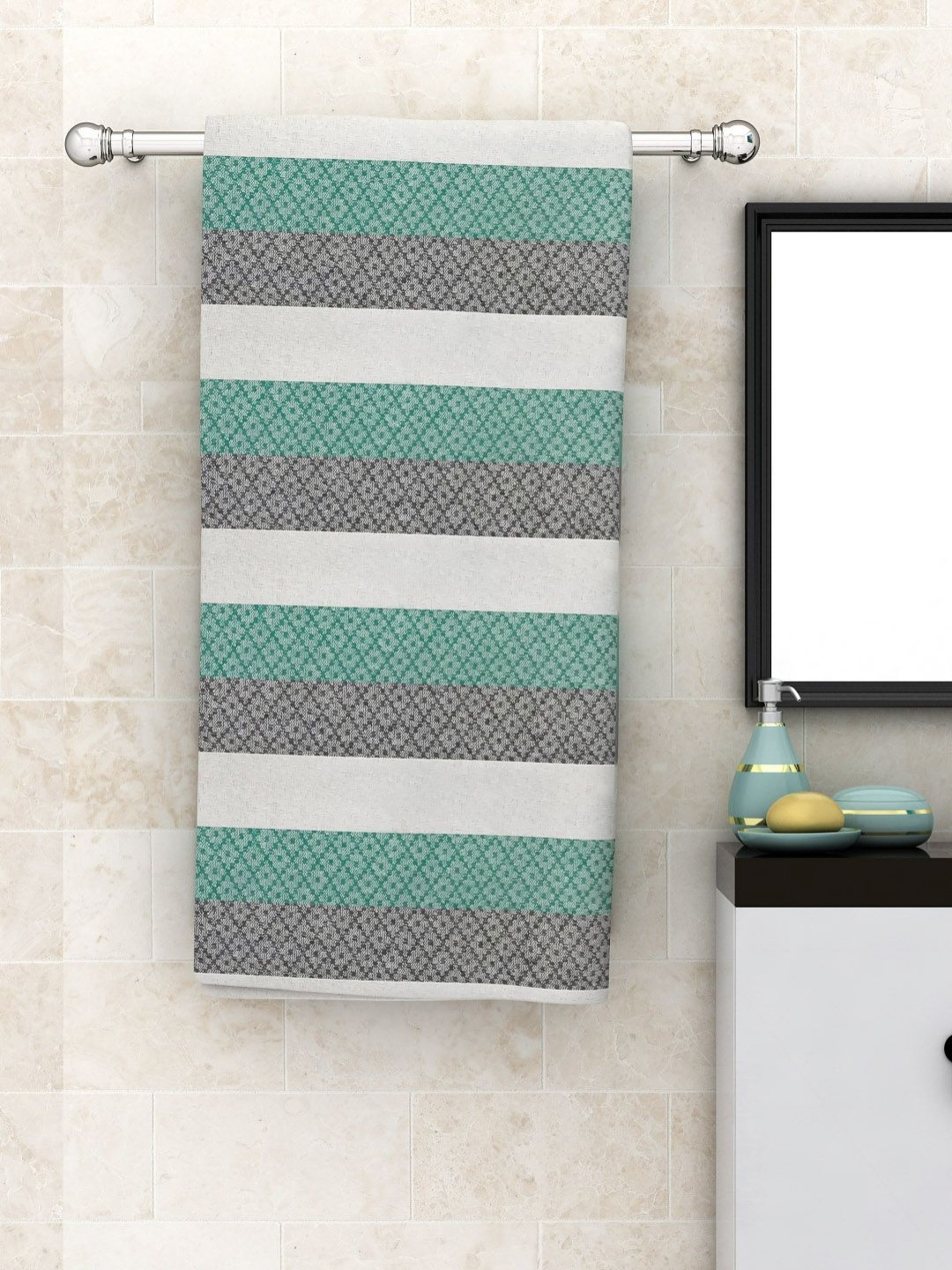 

Aura Green & White Striped Pure Cotton 210 GSM Bath Towel