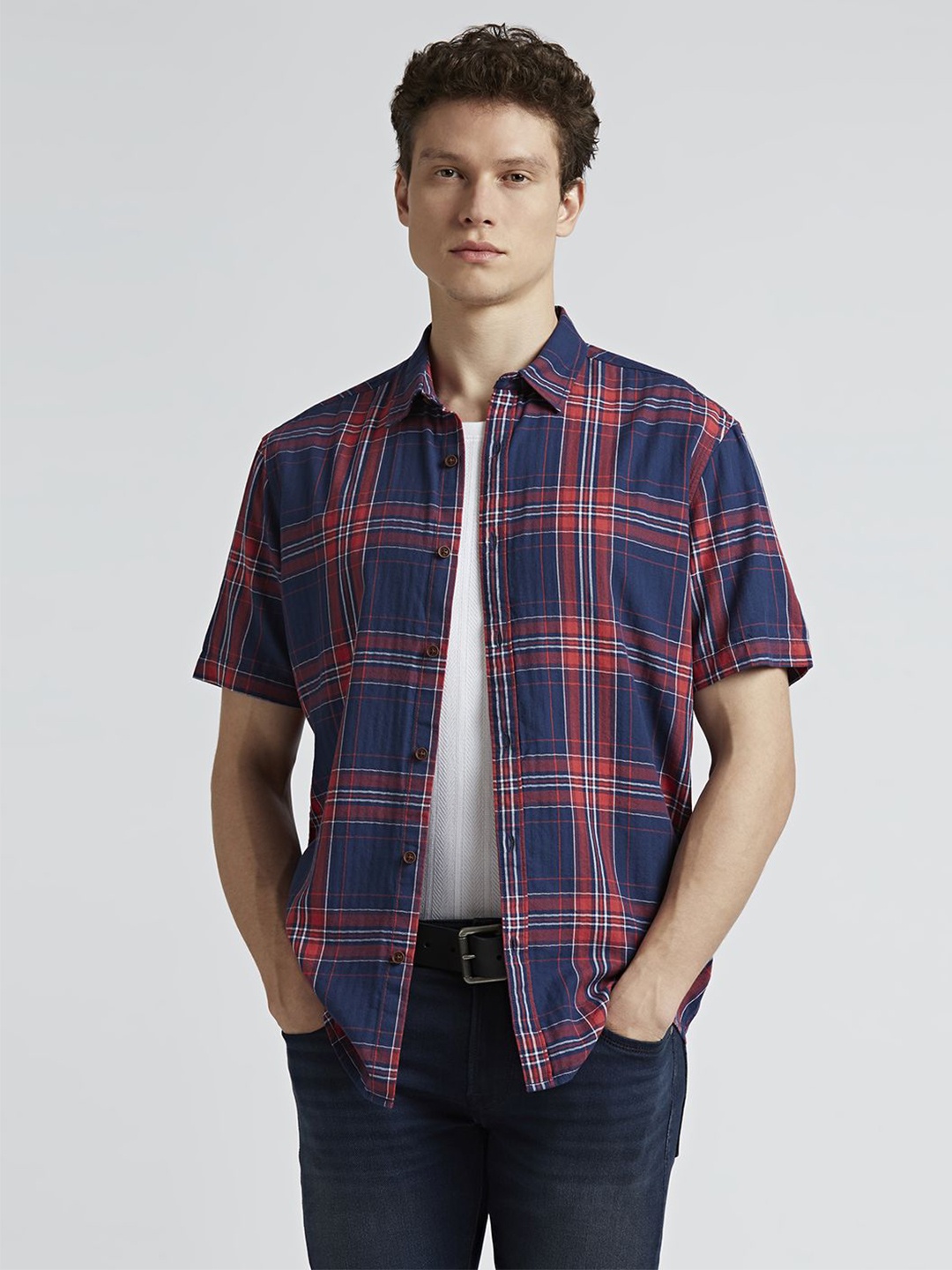 

Pepe Jeans Men Spread Collar Tartan Checked Cotton Casual Shirt, Red