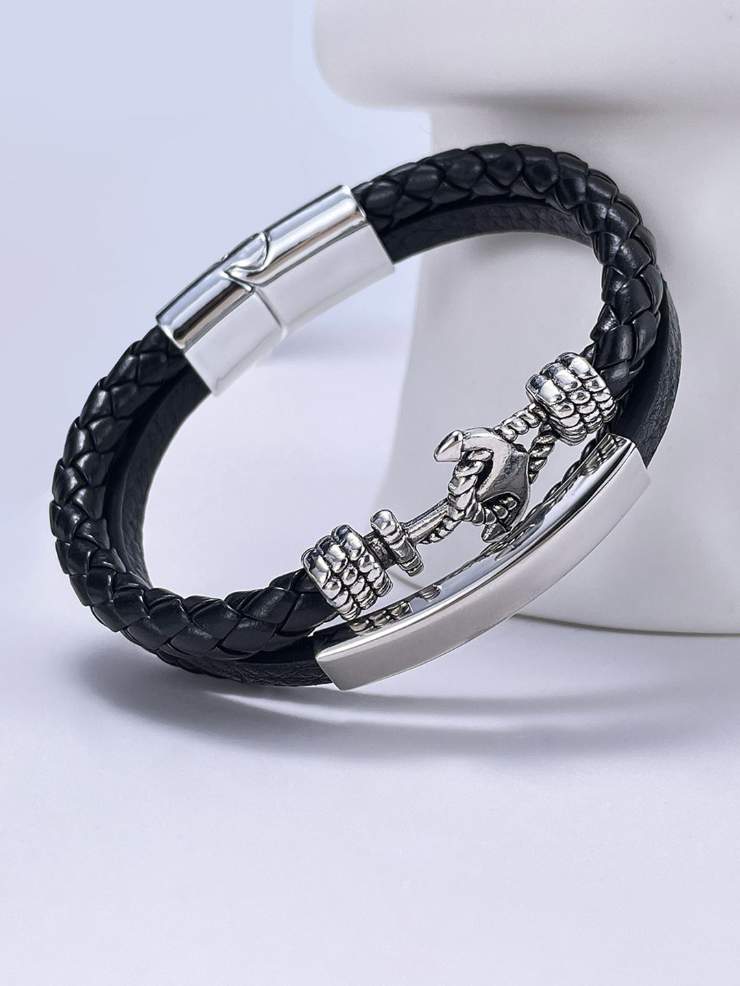 

Peora Men Silver-Plated Leather Openable Wraparound Bracelet