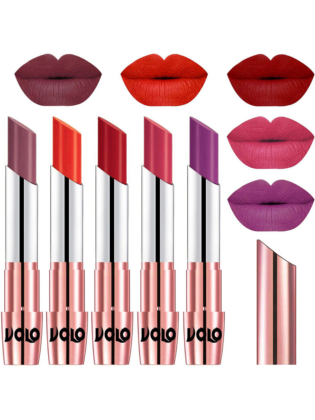 

VOLO Set Of 5 Creme Matte Lipstick- Plum 36-Coral 39-Tomato Red 40-Pink 41-Purple 48