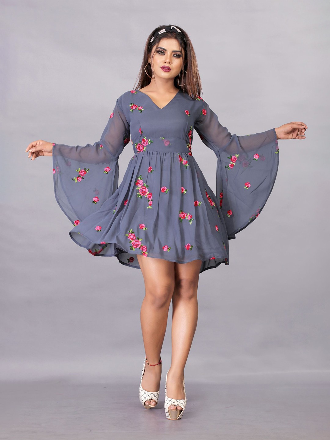 

JULEE Floral Embroidered Bell Sleeve Georgette Fit & Flare Dress, Grey