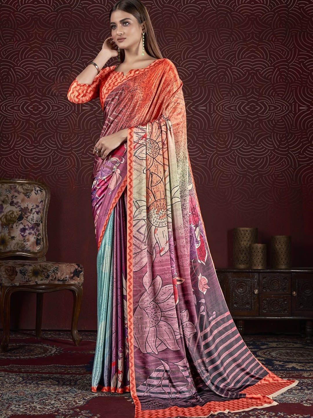 

JIVORA Floral Printed Saree, Purple