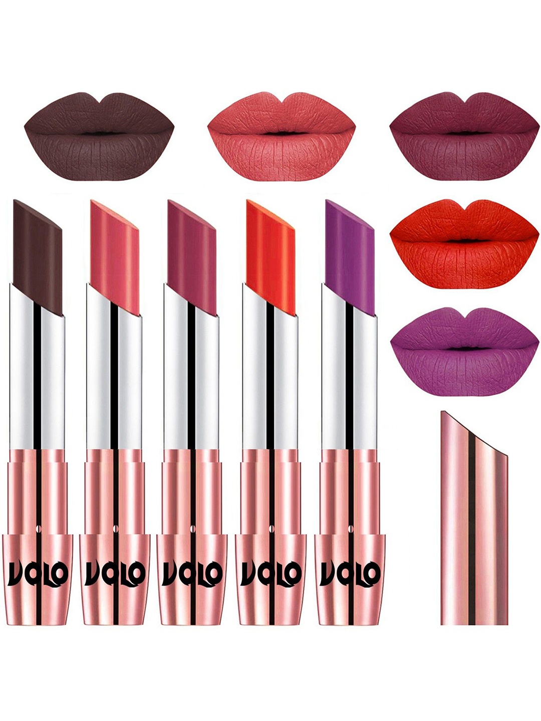 

VOLO Set Of 5 Creme Matte Lipstick- Chocolate -Dark Peach -Rose Pink- Coral- Purple, Red