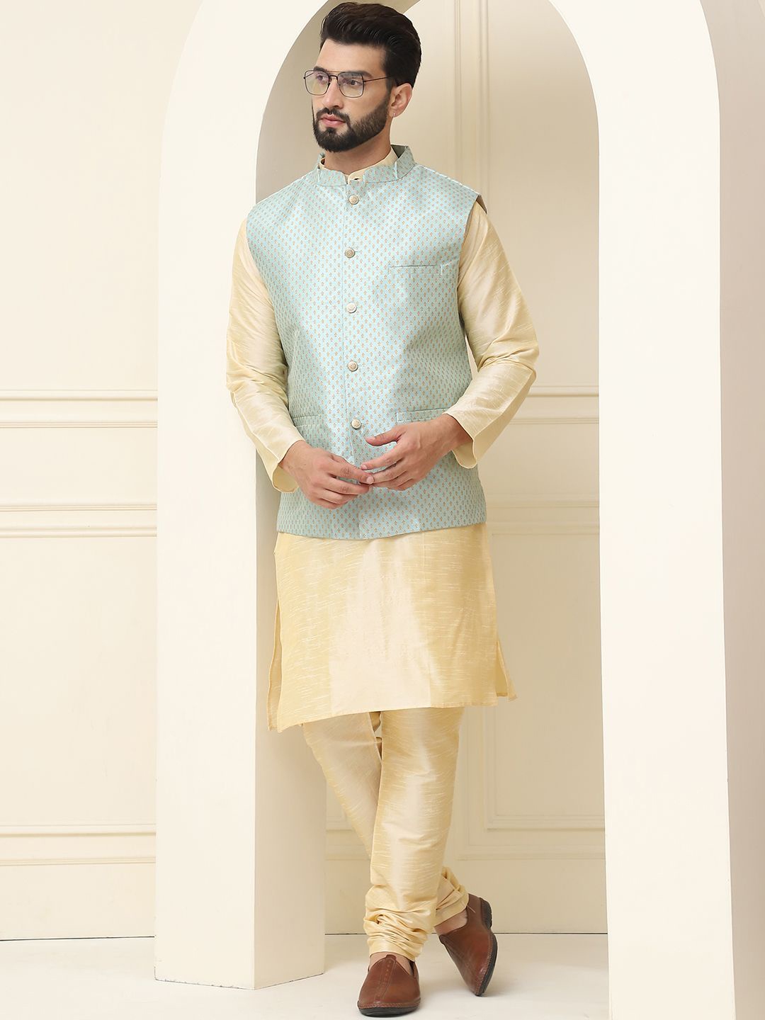 

SOJANYA Mandarin Collar Silk Cotton Kurta With Churidar & Woven Design Nehru Jacket, Cream