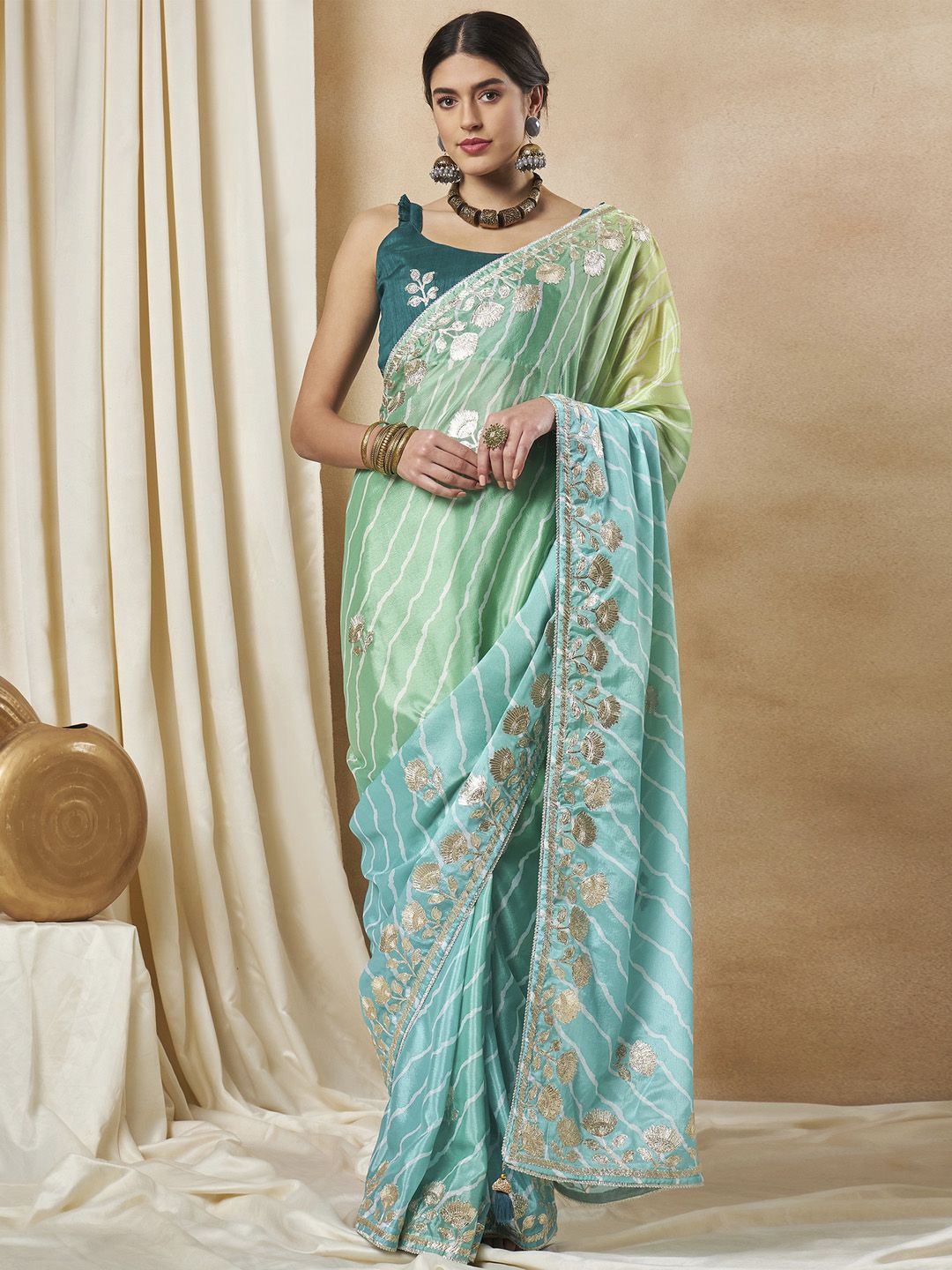 

Saree mall Striped Gotta Patti Sarees, Blue