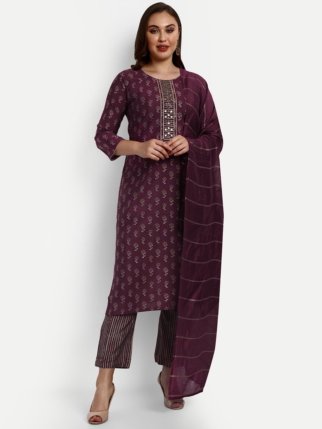 

V B SONS Floral Printed Mirror Work Chanderi Silk Straight Kurta & Trousers With Dupatta, Maroon