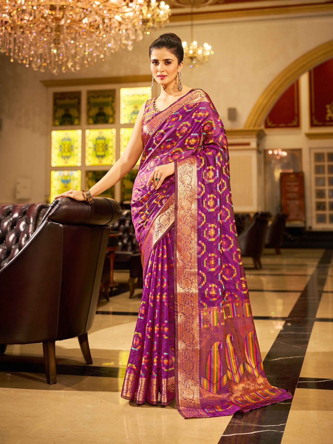 

Krimmple Printed Zari Organza Saree, Purple