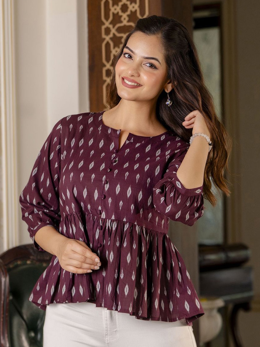 

Nayo Women Ethnic Motifs Printed Round Neck Cotton Top, Burgundy