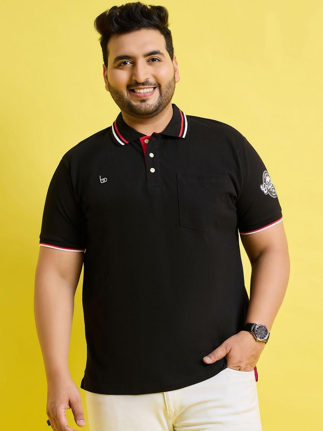 

bigbanana Originals Men Polo Collar Monochrome Bio Finish Plus Size T-shirt, Black