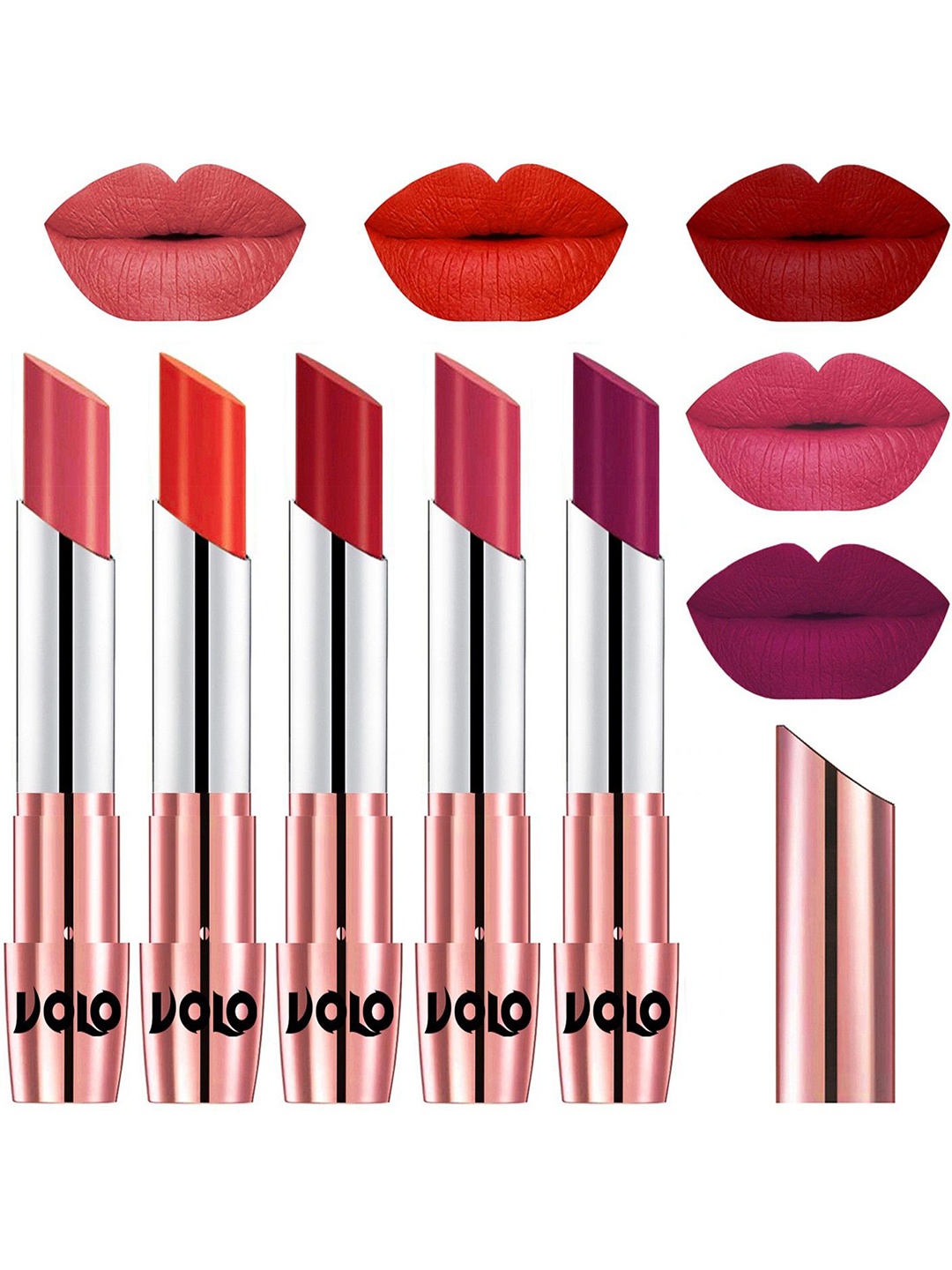 

VOLO Set Of 5 Creme Matte Lipstick-3.5g-Each Dark Peach- Coral- Tomato Red- Pink-Magenta, Multi