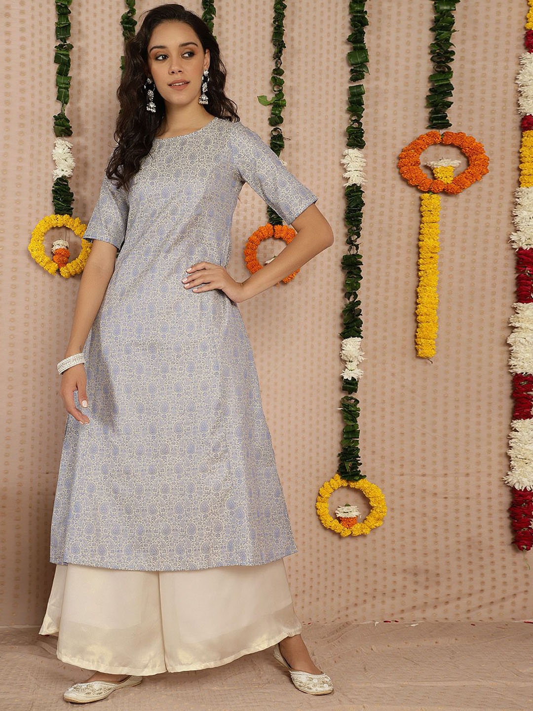 

AKS Ethnic Motifs Printed Jacquard A-Line Kurta, Grey