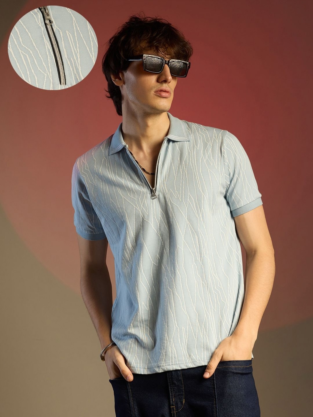 

Campus Sutra Men Abstract Printed Polo Collar Cotton T-shirt, Blue