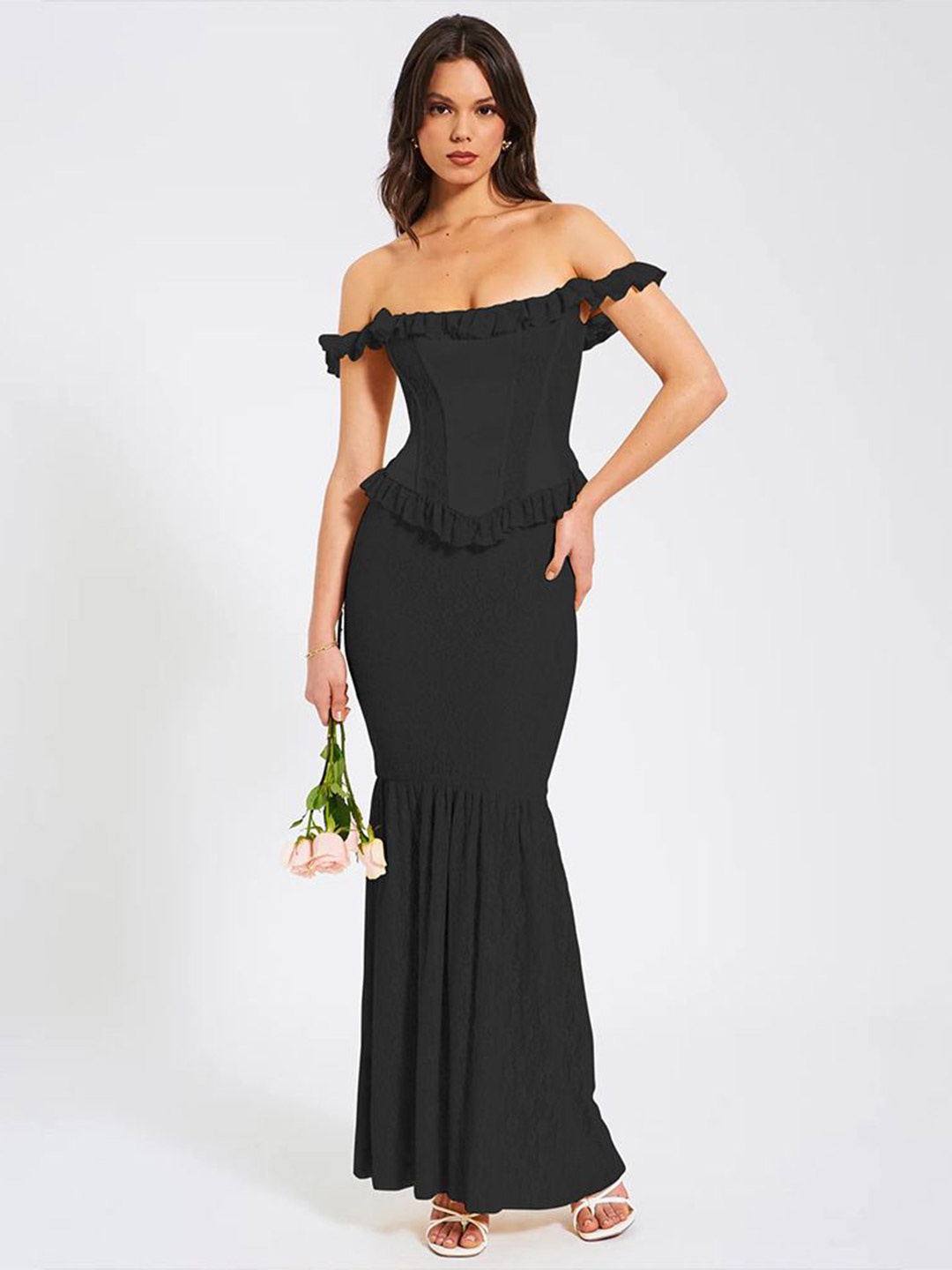 

MIAKEE Off-Shoulder Corset Maxi Dress, Black