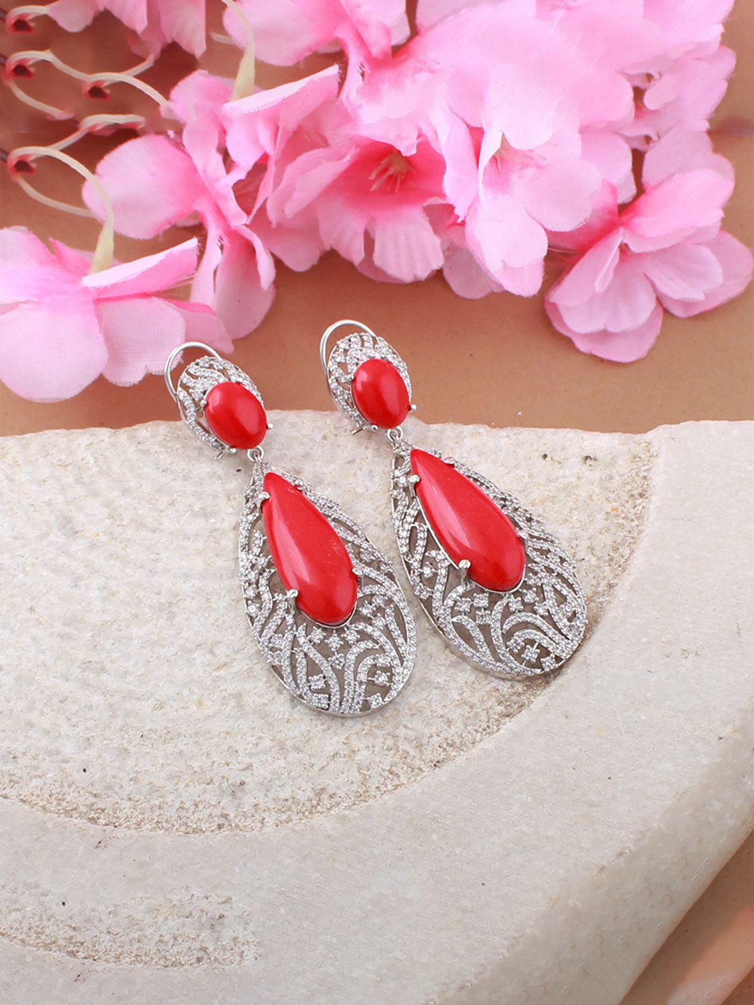 

Mirana Silver-Plated American Diamond Contemporary Drop Earrings, Red