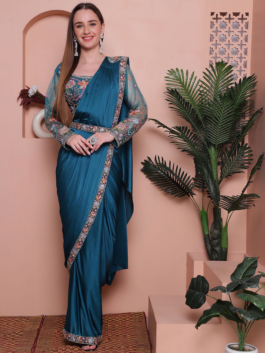 

Mitera Embroidered Ready to Wear Saree, Teal