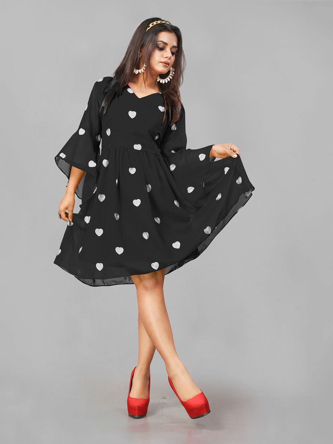 

Aika Embroidered Bell Sleeve Georgette Fit & Flare Dress, Black