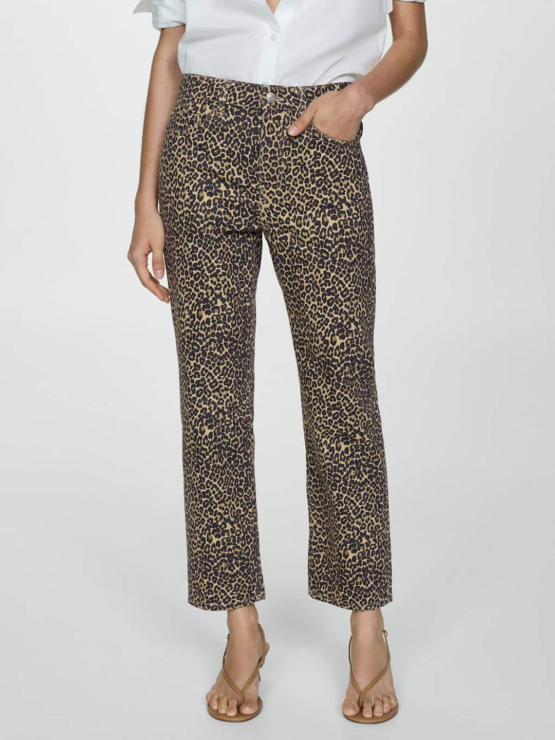 

MANGO Women Animal Print Straight Fit Jeans, Beige