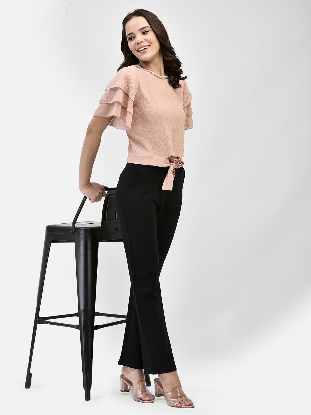 

FUTURO Women Solid Round Neck Top, Peach