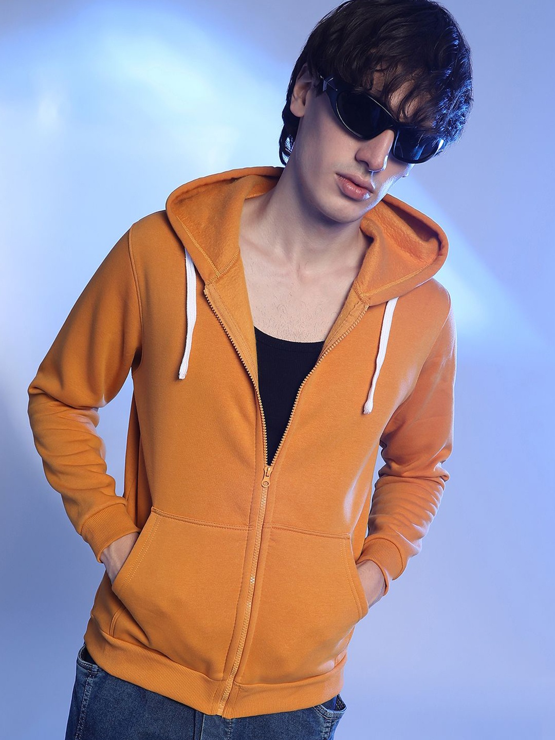 

Campus Sutra Men Solid Hooded Sweatshirt, Yellow