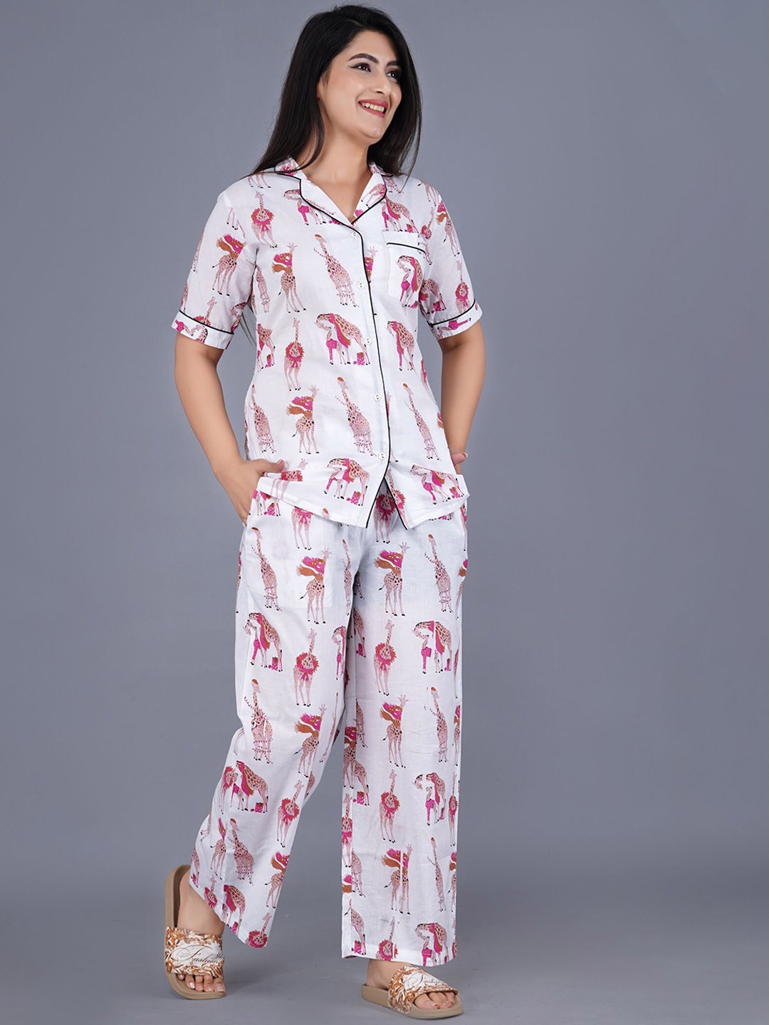 

ao services Conversational Printed Lapel Collar Pure Cotton Shirt & Trousers, White