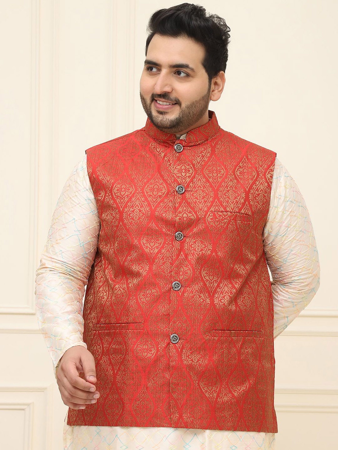 

SOJANYA PLUS Men Plus Size Printed Mandarin Collar Nehru Jacket, Red