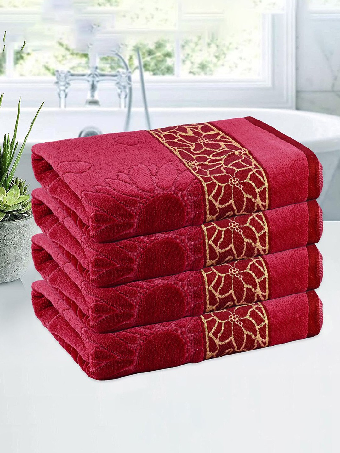 

Kuber Industries Maroon & Beige 4 Pieces Printed Cotton 450 GSM Bath Towel