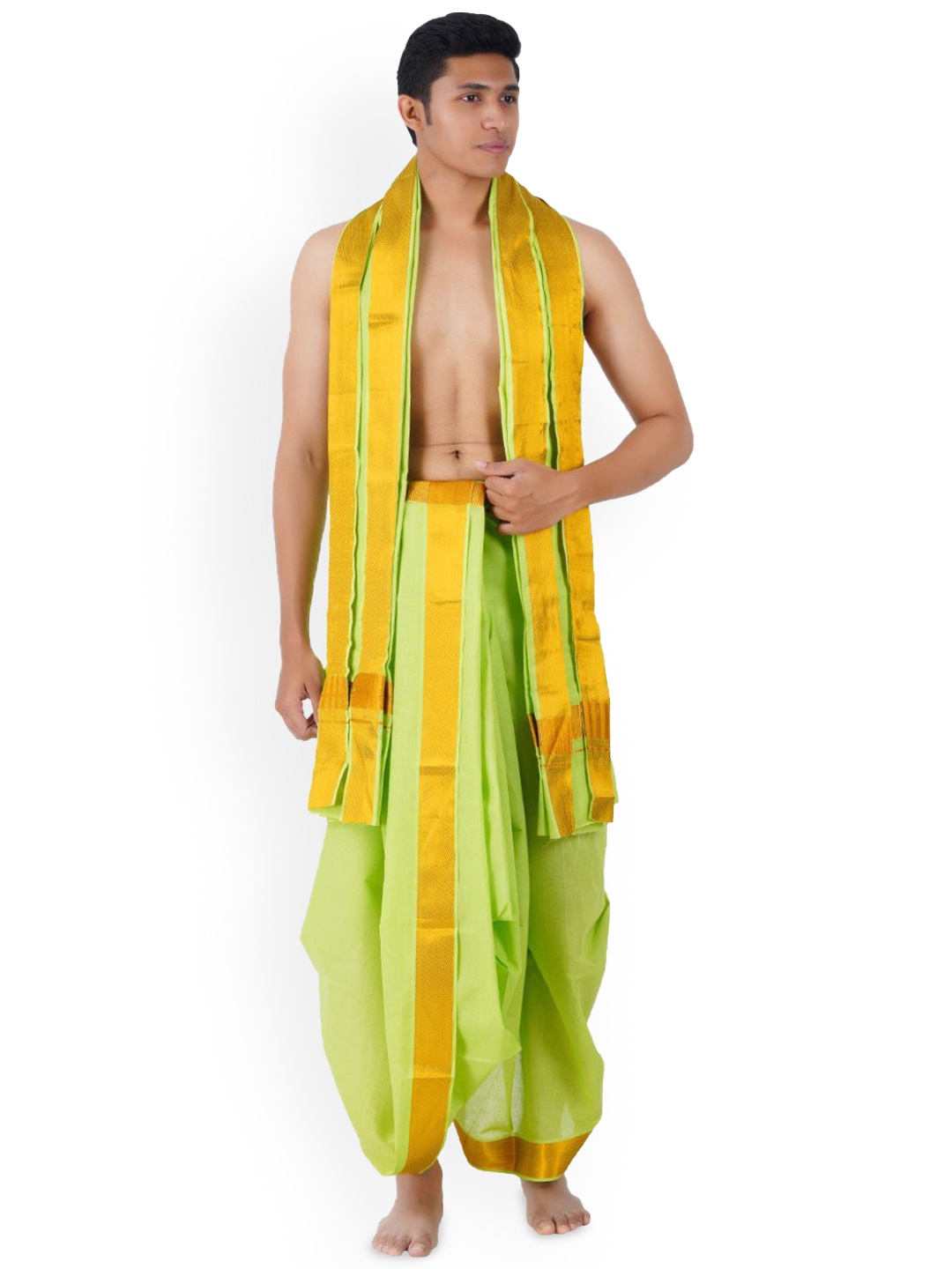 

Ethazh Men Cotton Dhotis With Angavastram, Green