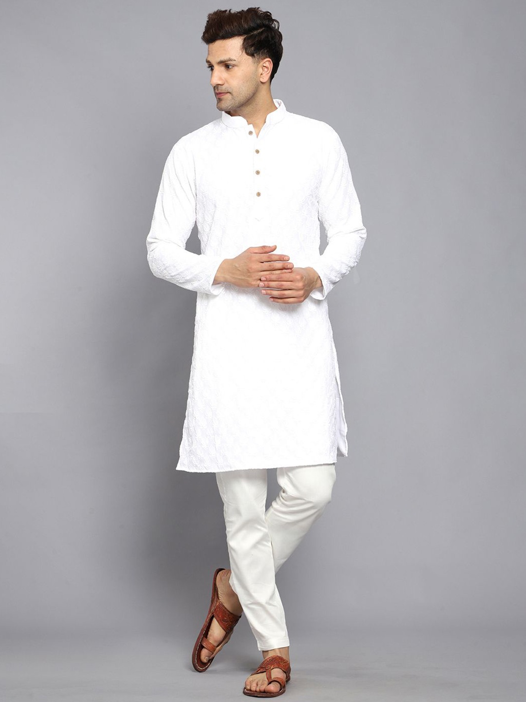 

Be Desi Ethnic Motifs Embroidered Regular Thread Work Georgette Kurta With Trousers, White