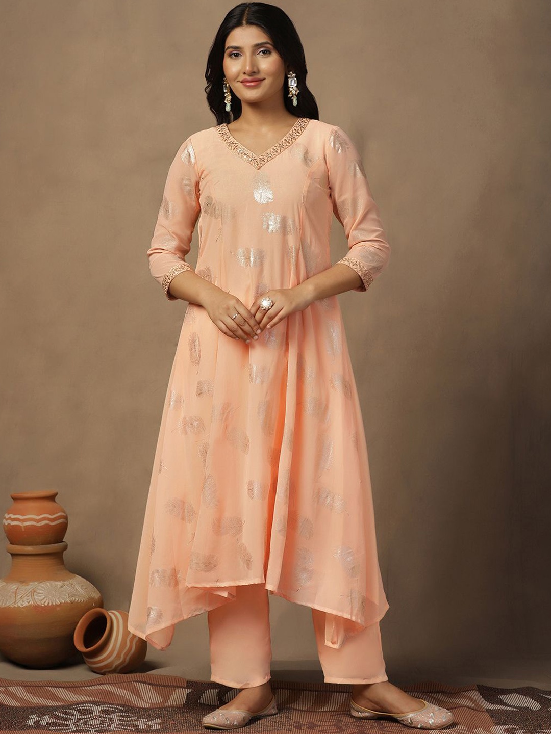 

BAESD Floral Printed Regular Sequinned Detail A-Line Kurta with Trousers, Peach