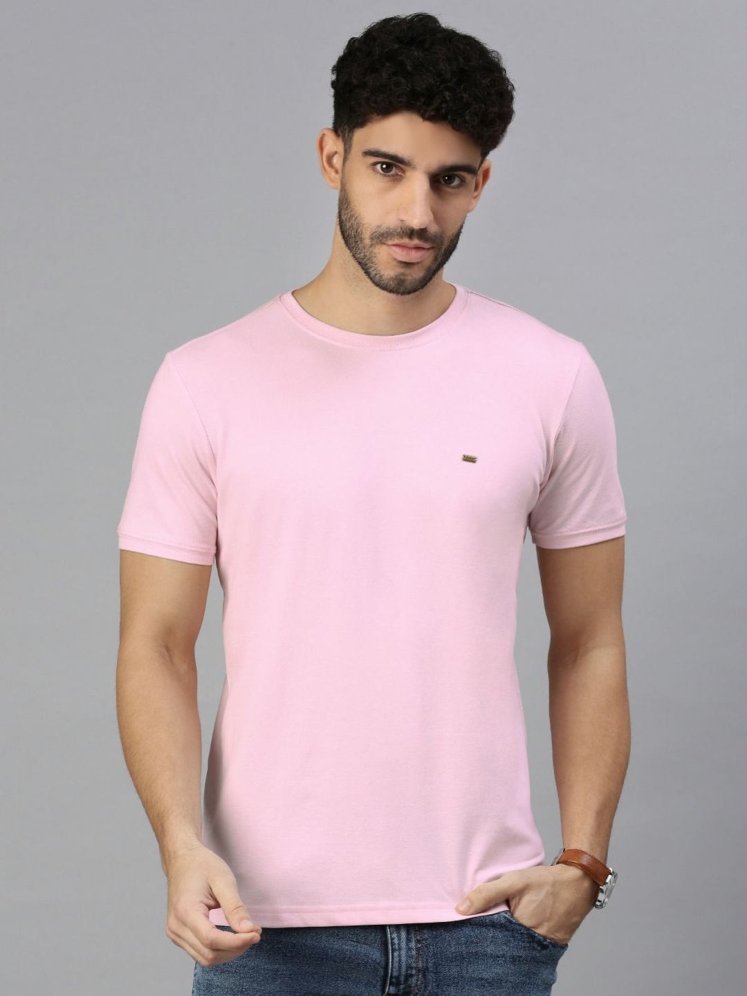 

ZEDD Men Solid Round Neck Cotton T-shirt, Pink