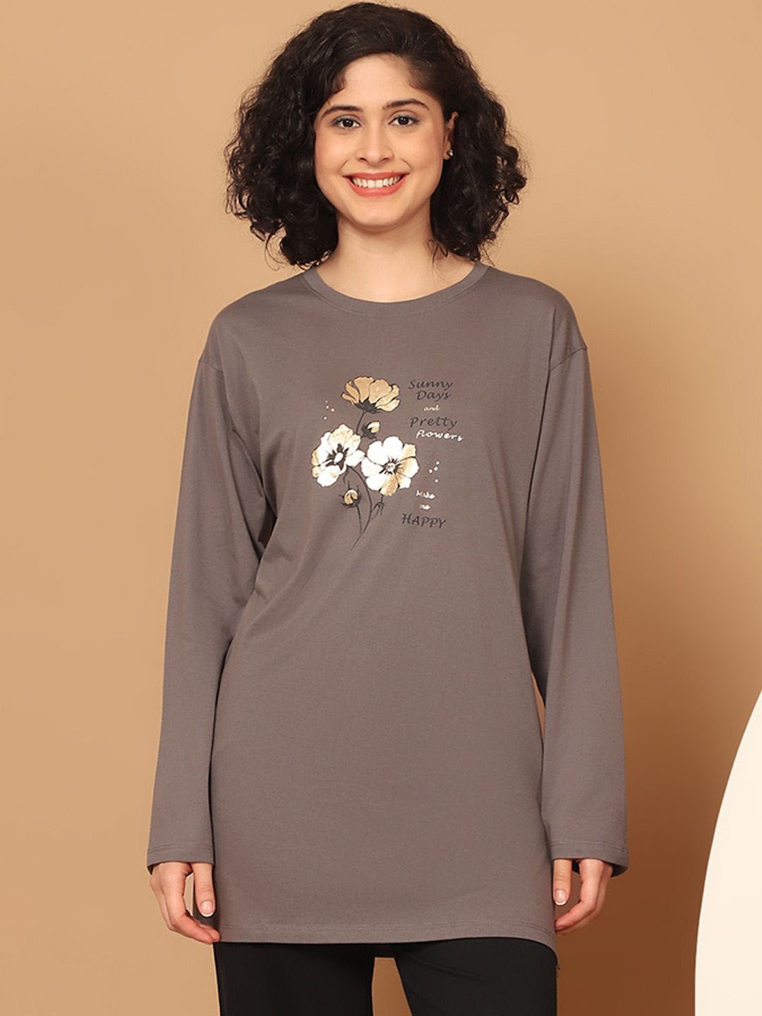 

Kanvin Women Printed Long Sleeves Round Neck Lounge Tshirts, Grey