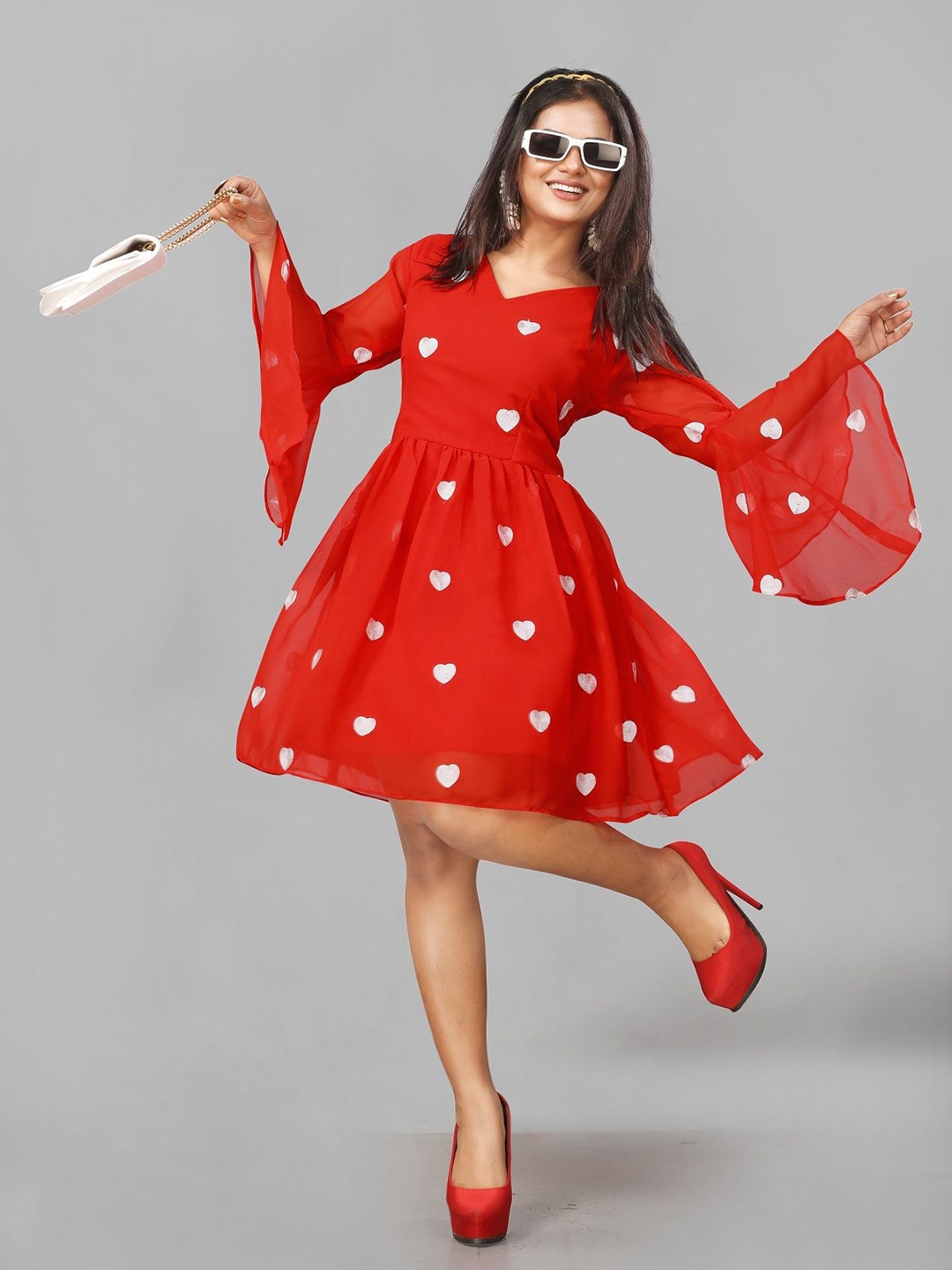 

LADY SHOPI Polka Dot Embroidered Bell Sleeve Georgette Fit & Flare Dress, Red