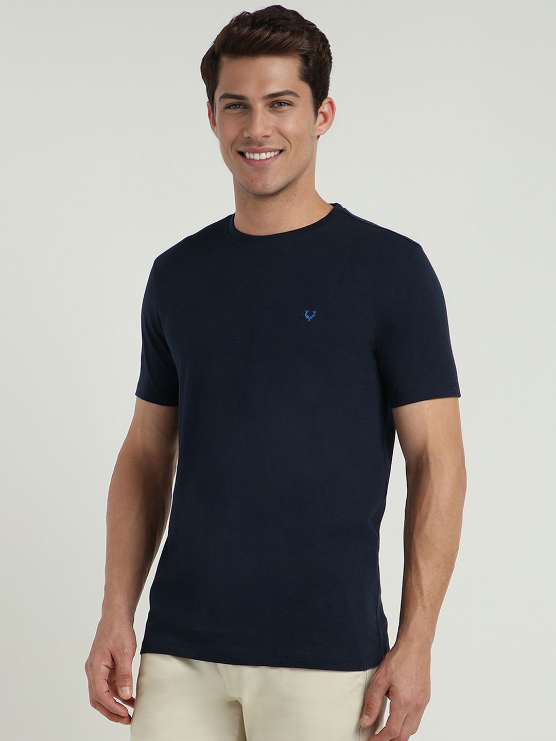 

Allen Solly Men Solid Round Neck Cotton Slim Fit T-shirt, Navy blue