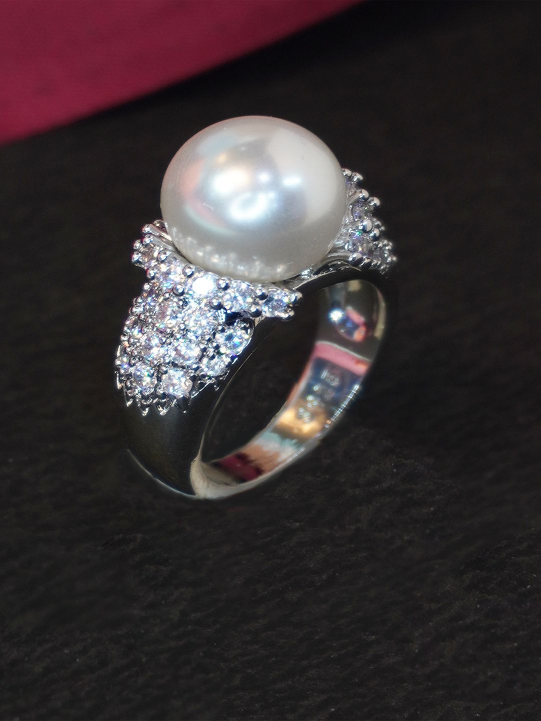 

Niscka Silver-Plated Cubic Zirconia & Pearl Beaded Adjustable Finger Ring