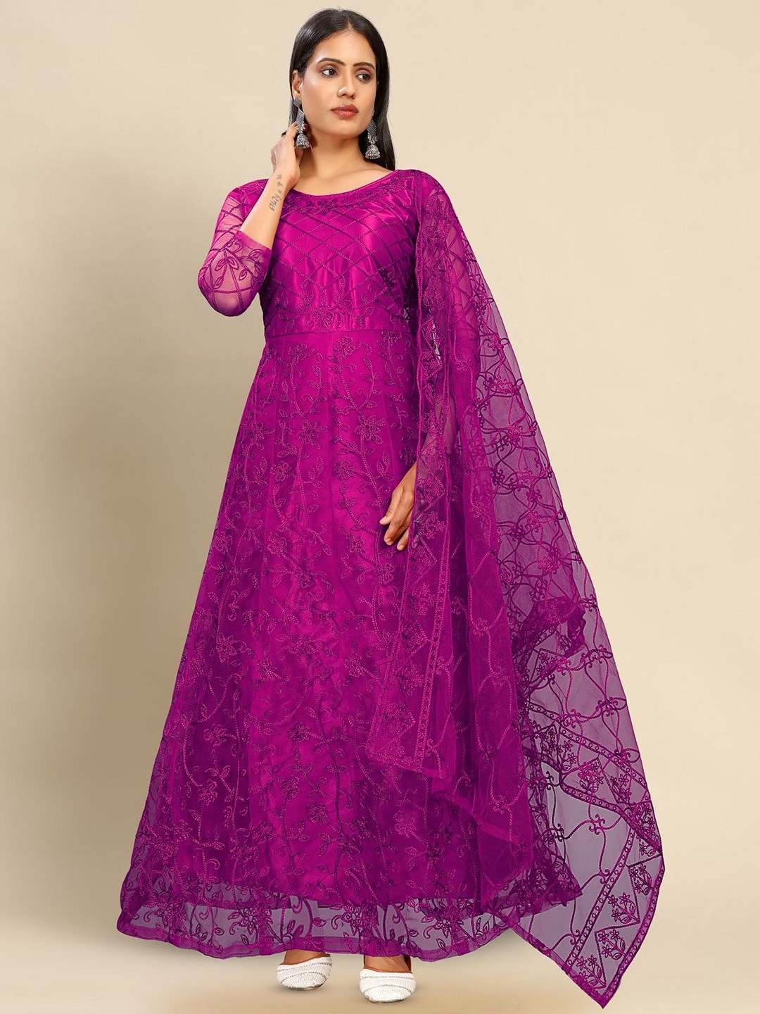 

LADY SHOPI Women Floral Embroidered Net Maxi Ethnic Dresses With Dupatta, Purple