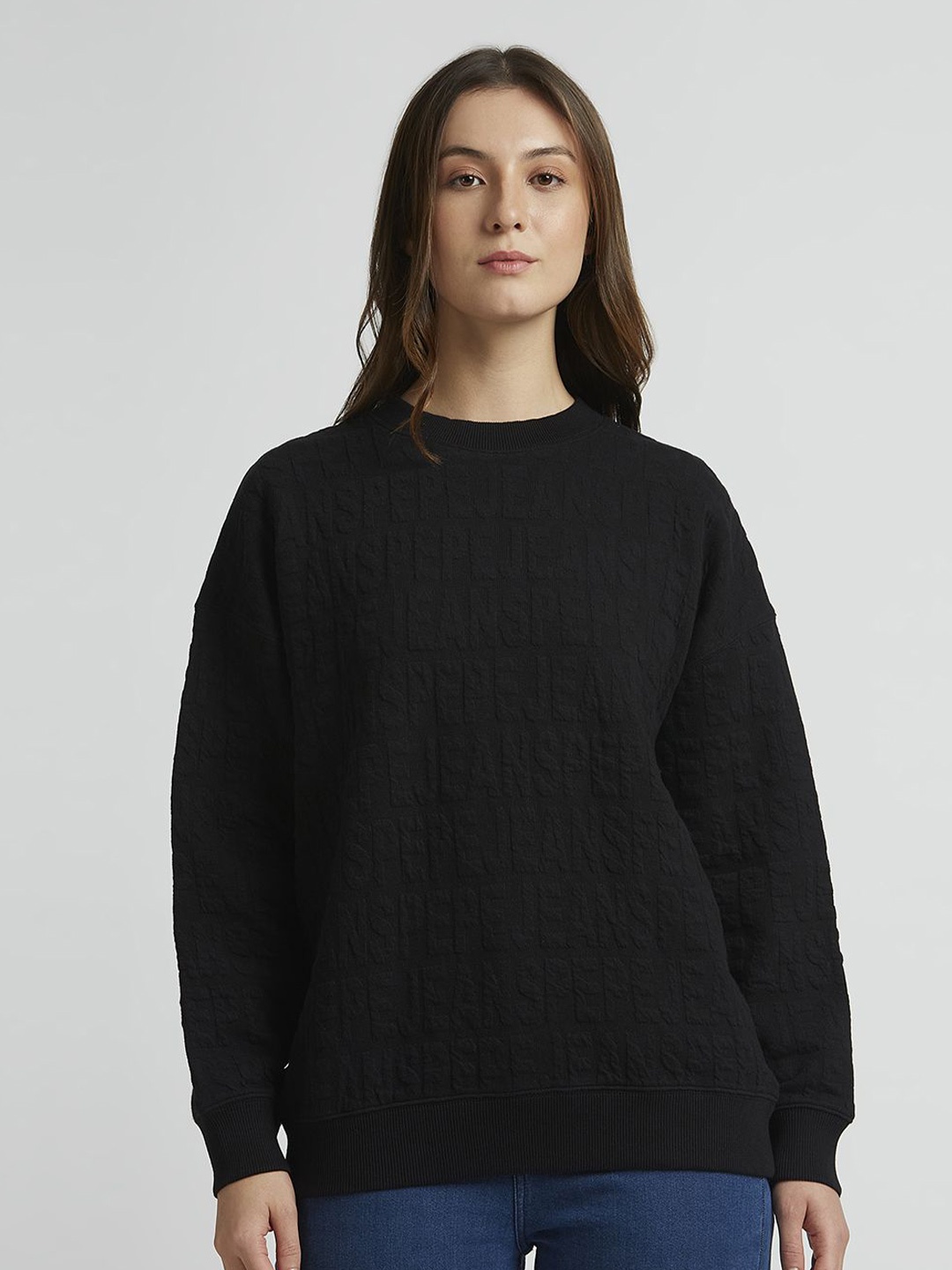 

Pepe Jeans Women Self Design Round Neck Oversized Sweatshirt, Black