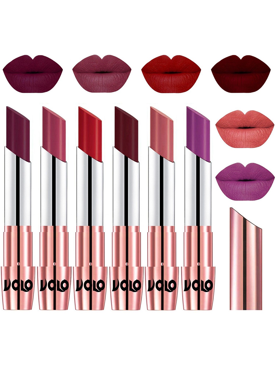 

VOLO Set Of 6 Creme Matte Lipstick-Wine-Rose Pink-Tomato Red-Maroon-Light Peach-Purple