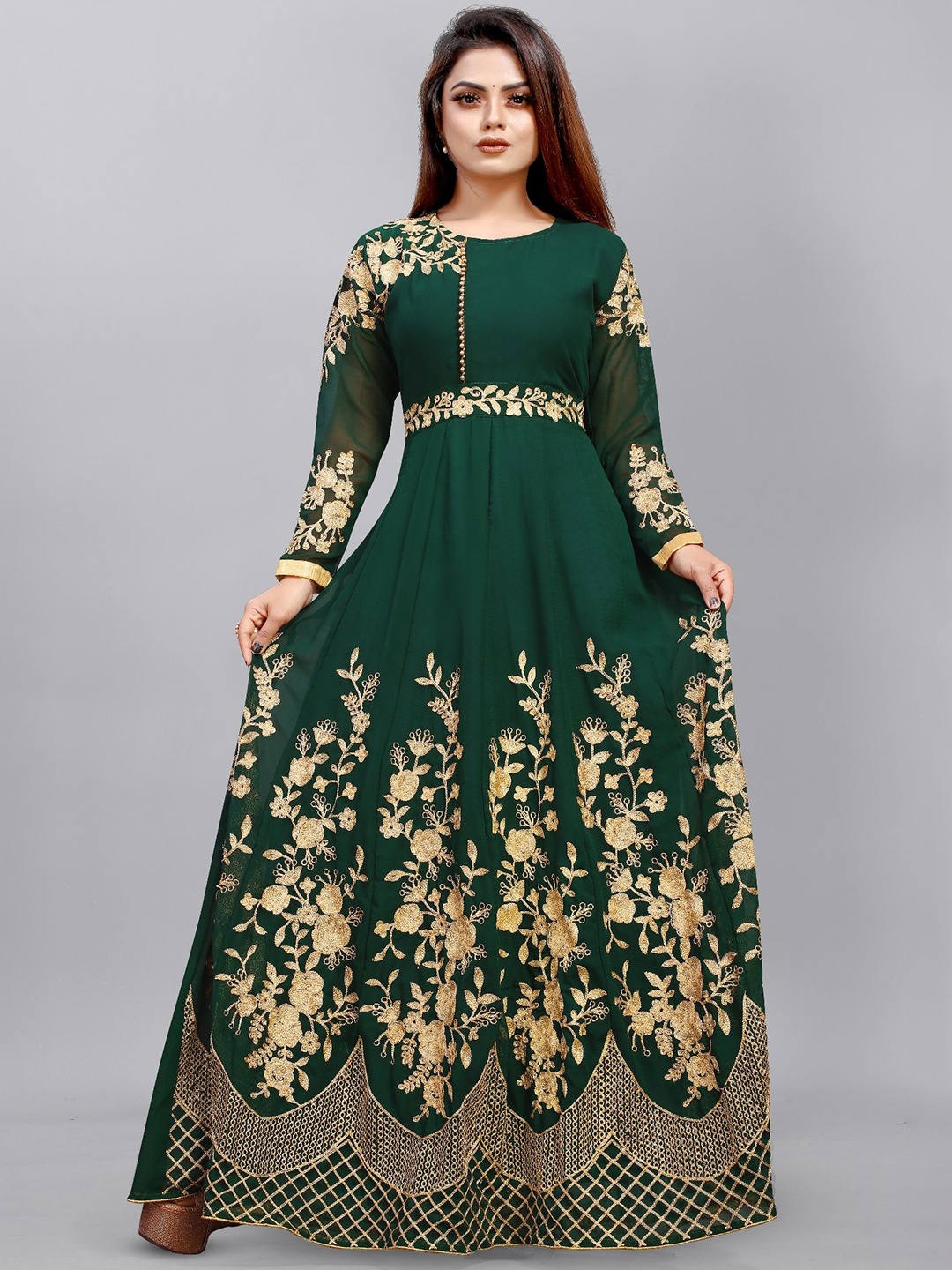 

LADY SHOPI Ethnic Motifs Embroidered Georgette Maxi Gown Dress, Green