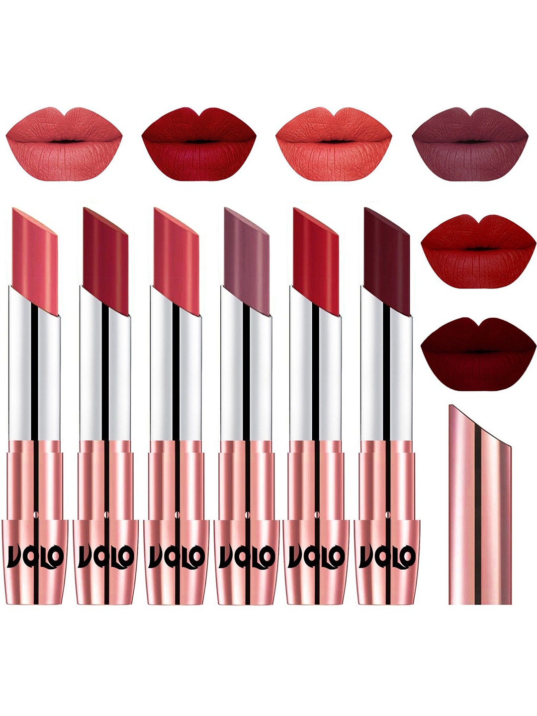 

VOLO Set Of 6 Creme Matte Lipsticks 3.5 g Each-Dark Peach-Red-Peach-Plum-Tomato Red-Maroon