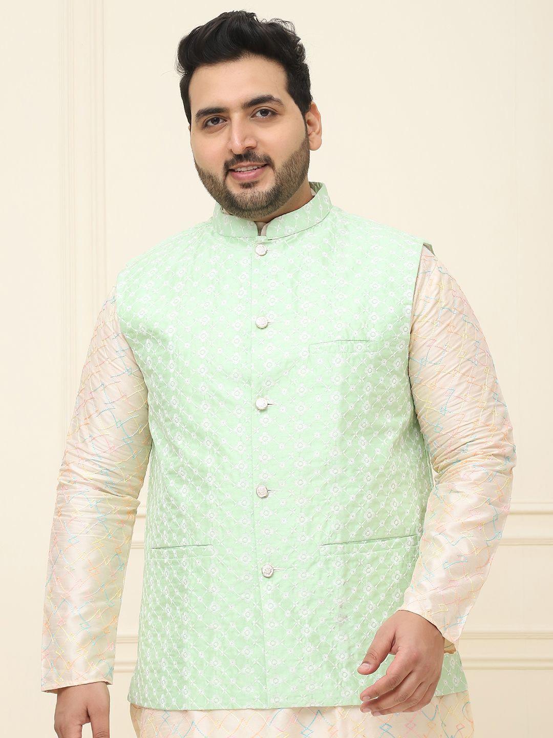 

SOJANYA PLUS Men Embroidered Nehru Plus Size Jacket, Green
