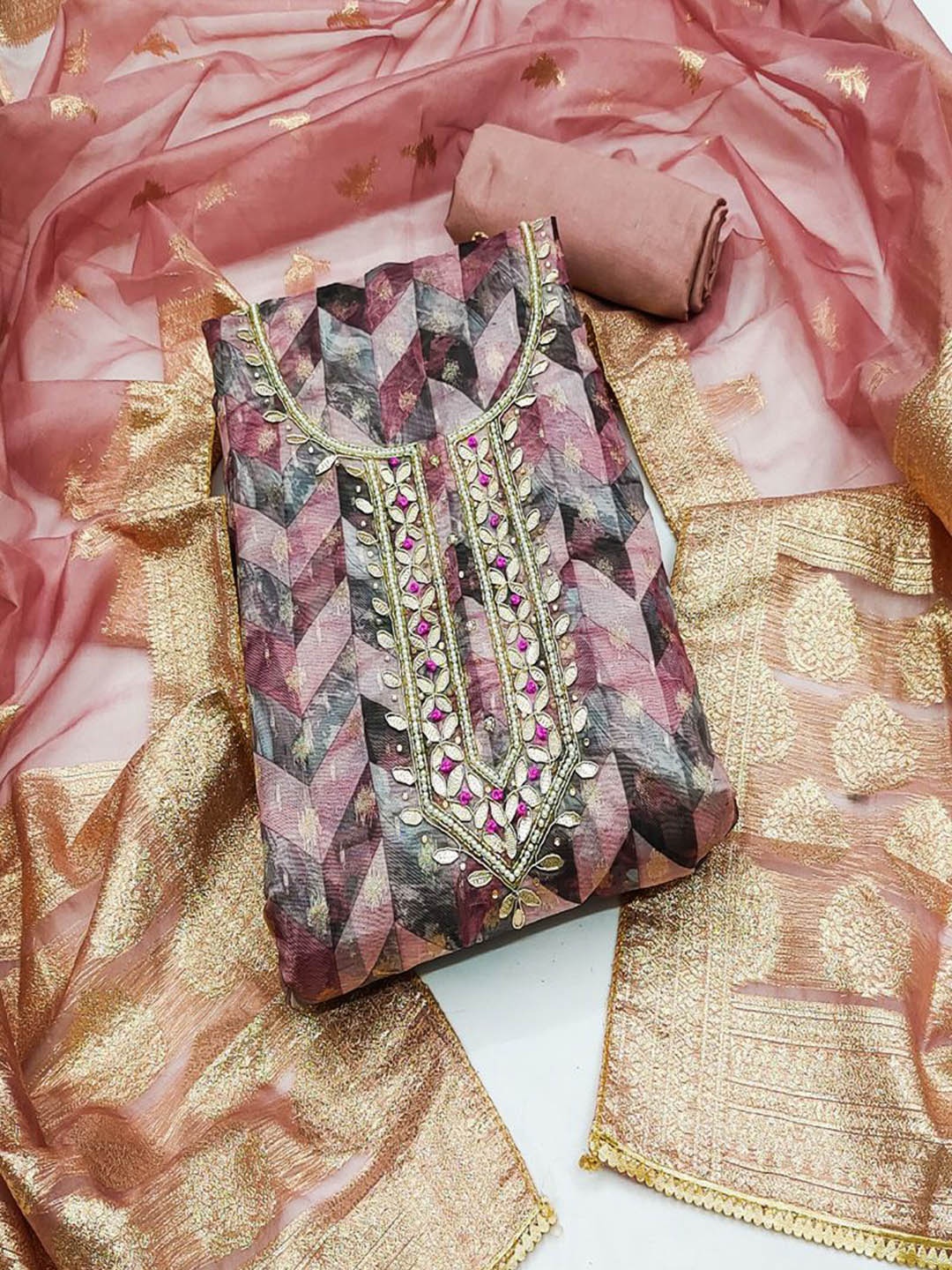 

ASISA Ethnic Motifs Embroidered Beads and Stones Organza Unstitched Dress Material, Violet