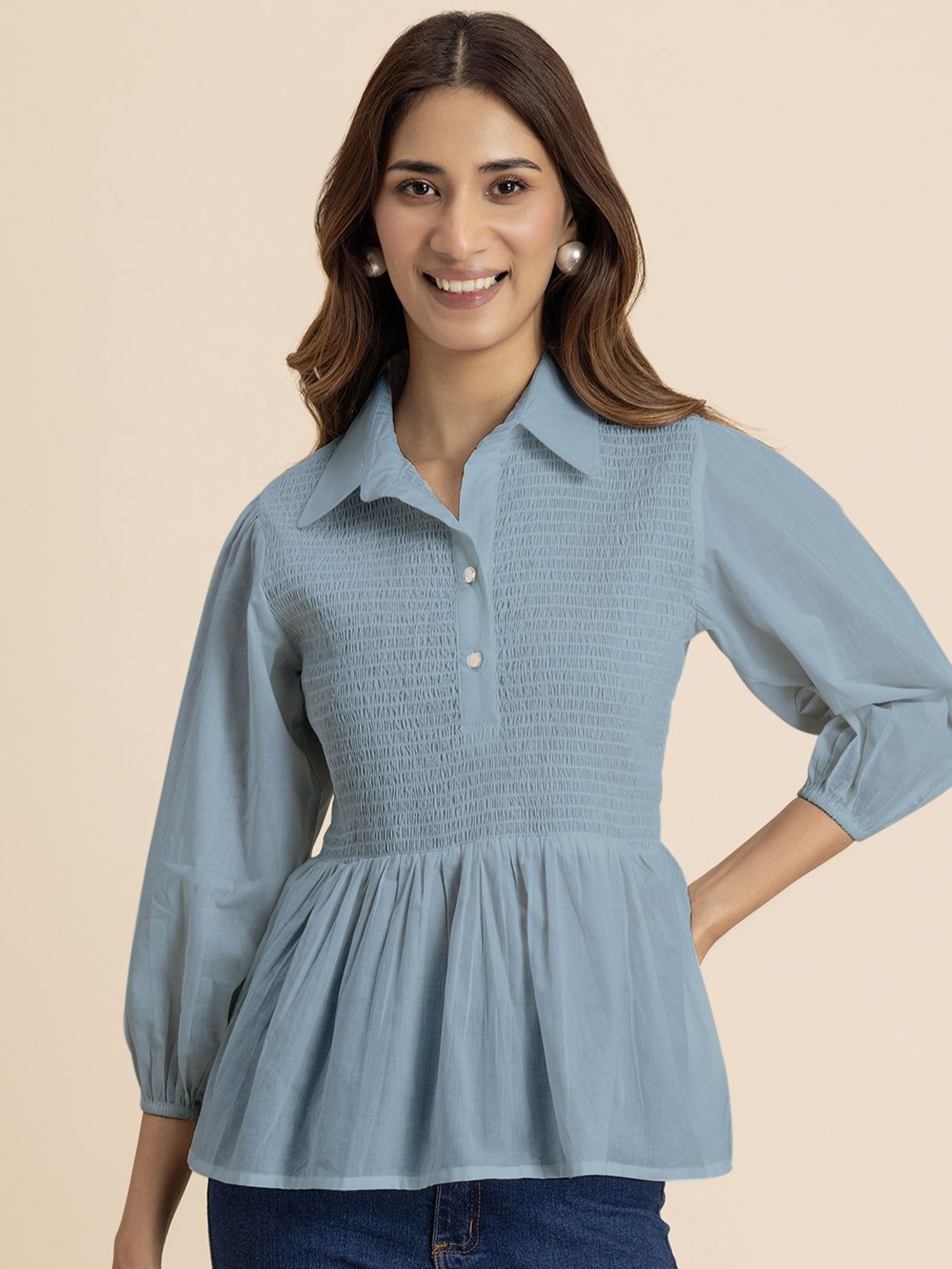 

Moomaya Women Solid Shirt Collar Pure Cotton Top, Blue